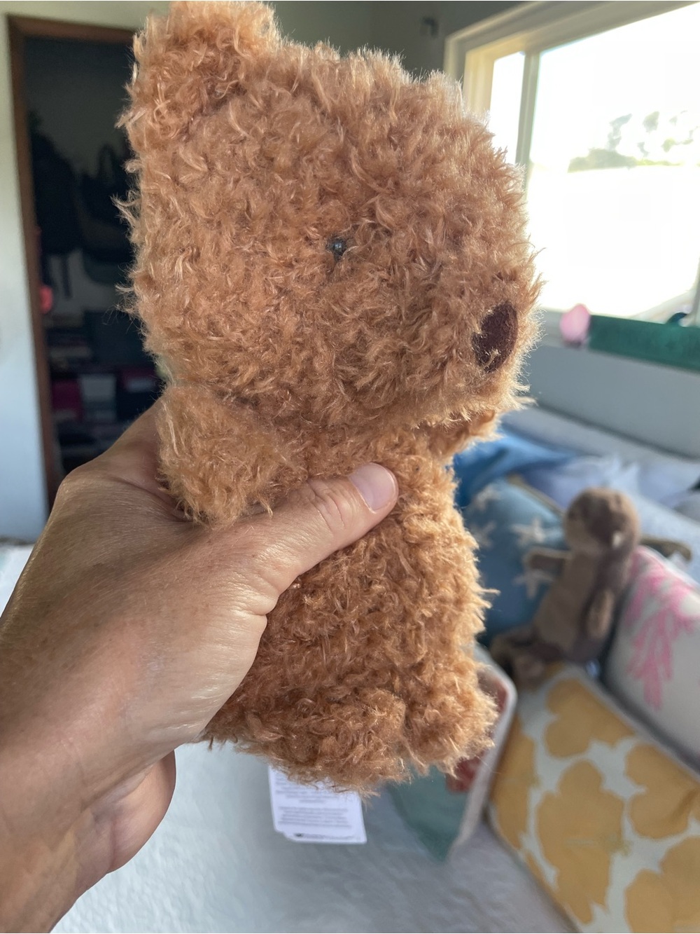 Jellycat Plush Brown Curly Bear on Blue Drawstring Bag - Picture 7 of 16